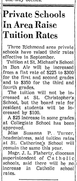 "Private Schools In Area Raise Tuition Rates" from unidentified Richmond newspaper, ca. 1958 
